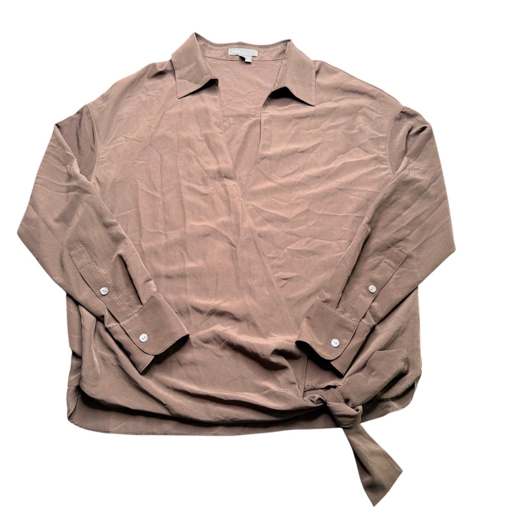 Vince Wrap Blouse Womens Brown Side Tie Long Sleeve V-Neck Minimalist Small